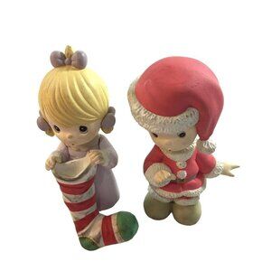 Precious Moments Christmas Figurines Set Girl with Stocking Boy Dressed in Santa